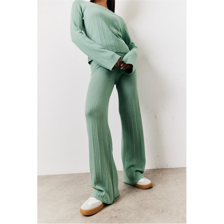 Sage Fine Gauge Knit Flare Leg Co-Ord Trouser
