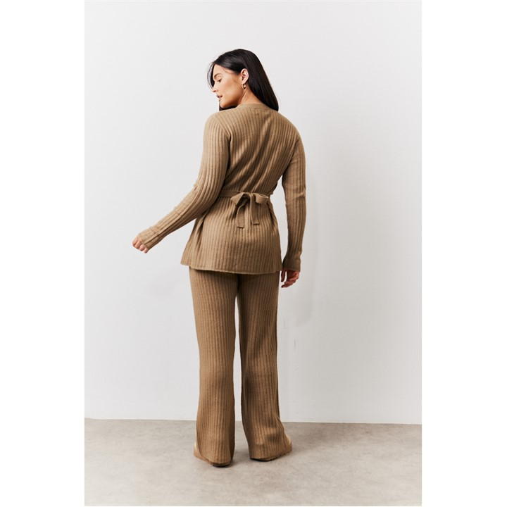Oatmeal Ribbed Knit Flare Co-Ord Trousers