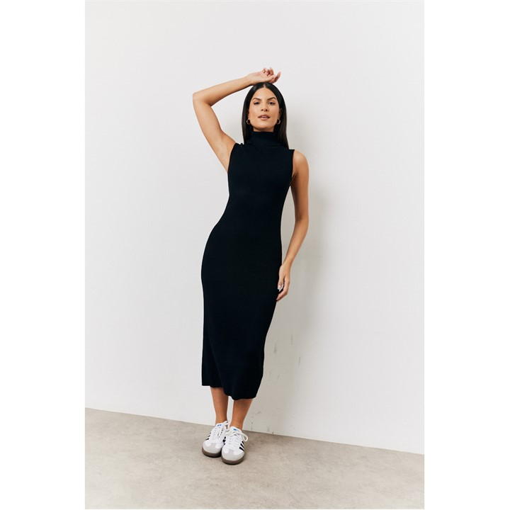 Black Fine Gauge Roll Neck Knit Co-Ord Midi Dress