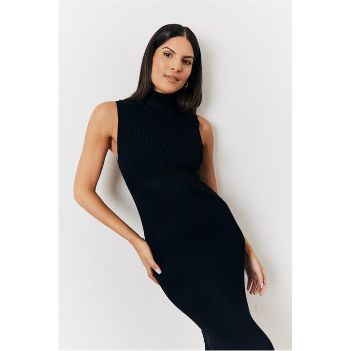 Black Fine Gauge Roll Neck Knit Co-Ord Midi Dress