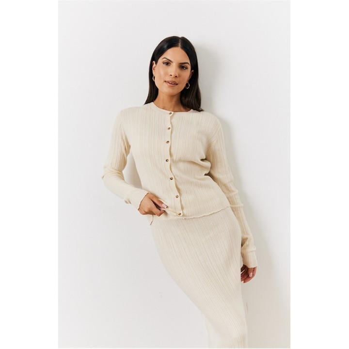 Cream Fine Gauge Round Neck Button up Co-Ord Knit