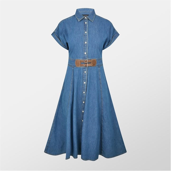 Buckle-Trim Denim Shirt Dress