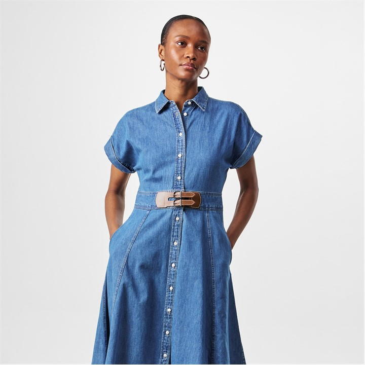 Buckle-Trim Denim Shirt Dress