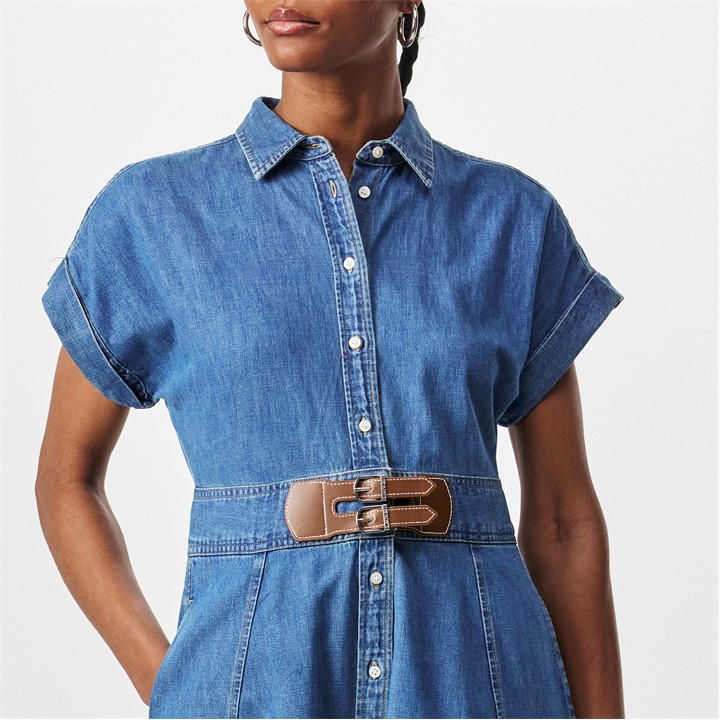 Buckle-Trim Denim Shirt Dress