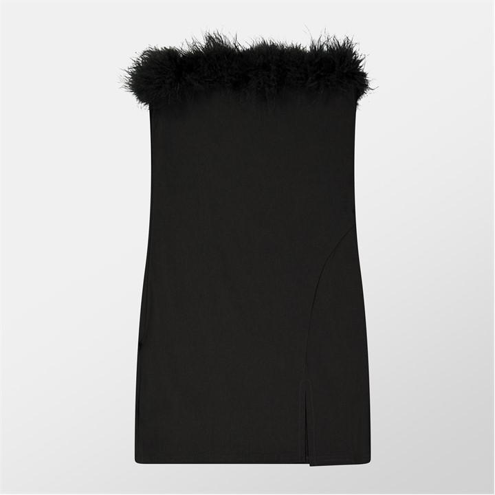 Feather Trim Strapless Mini Dress
