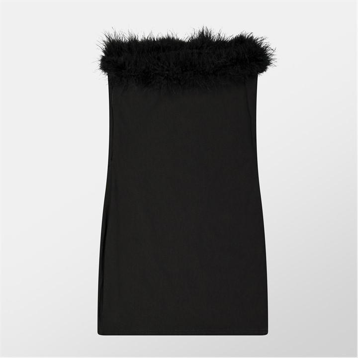 Feather Trim Strapless Mini Dress