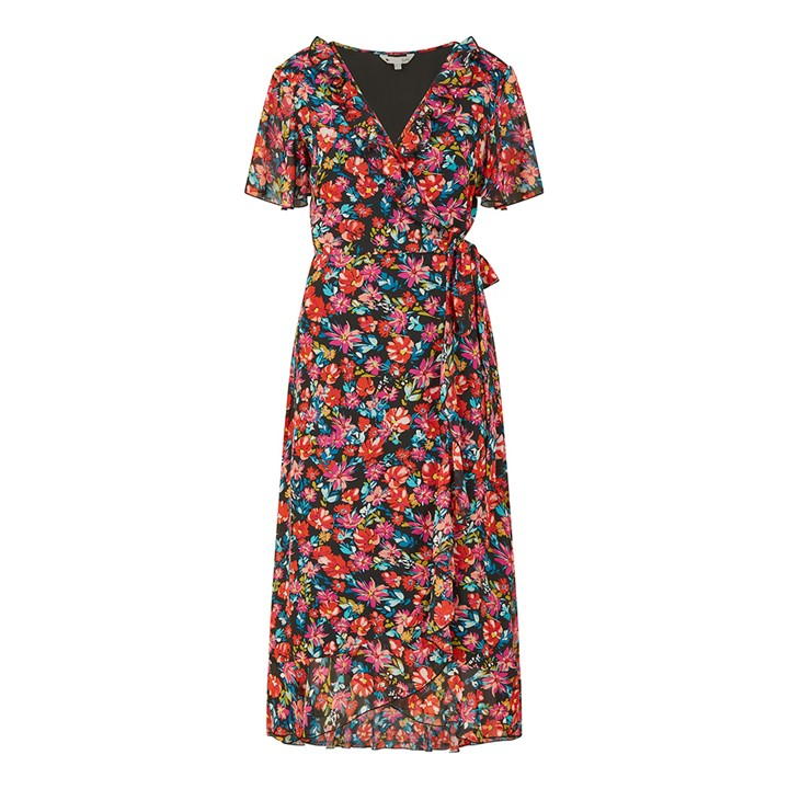 Yumi Black Floral Wrap Midi Dress