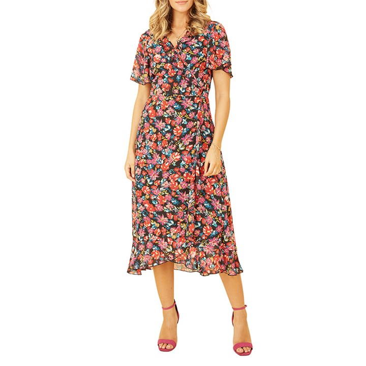 Yumi Black Floral Wrap Midi Dress