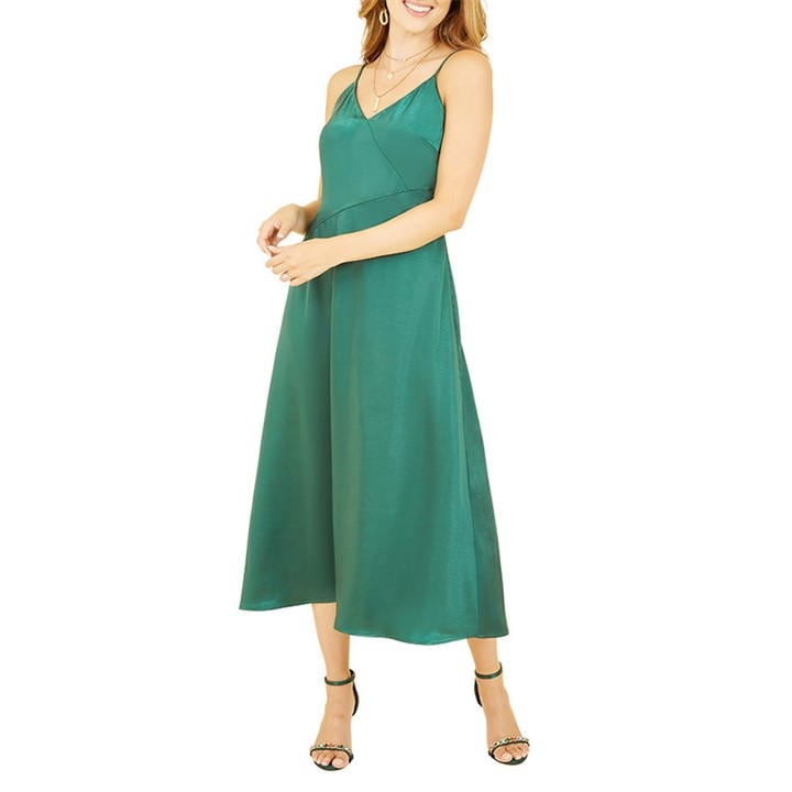 Yumi Green Satin Strappy Midi Dress