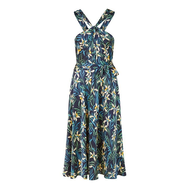 Yumi Navy Tropical Print Satin Mdi Dress