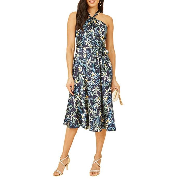 Yumi Navy Tropical Print Satin Mdi Dress