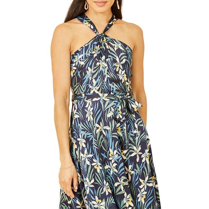Yumi Navy Tropical Print Satin Mdi Dress