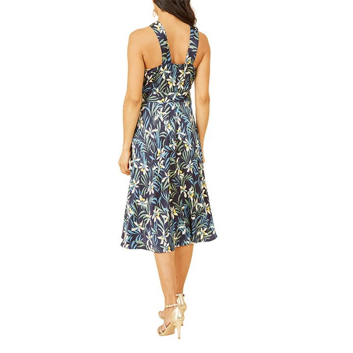 Yumi Navy Tropical Print Satin Mdi Dress