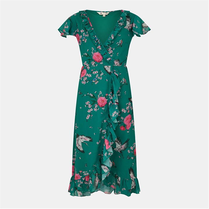 Crane Print Midi Wrap Dress