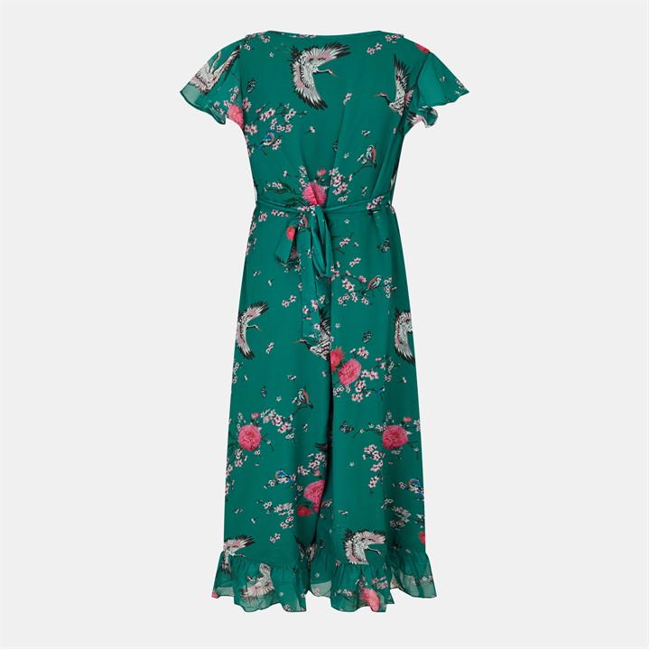 Crane Print Midi Wrap Dress