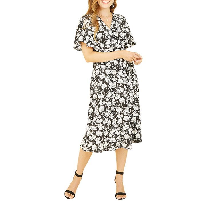 Yumi Black Floral Wrap Midi Dress