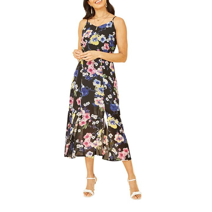 Yumi Black Floral Strappy Midi Dress