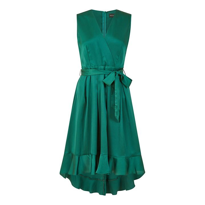 Mela London Green Satin Dipped Hem Midi Dress