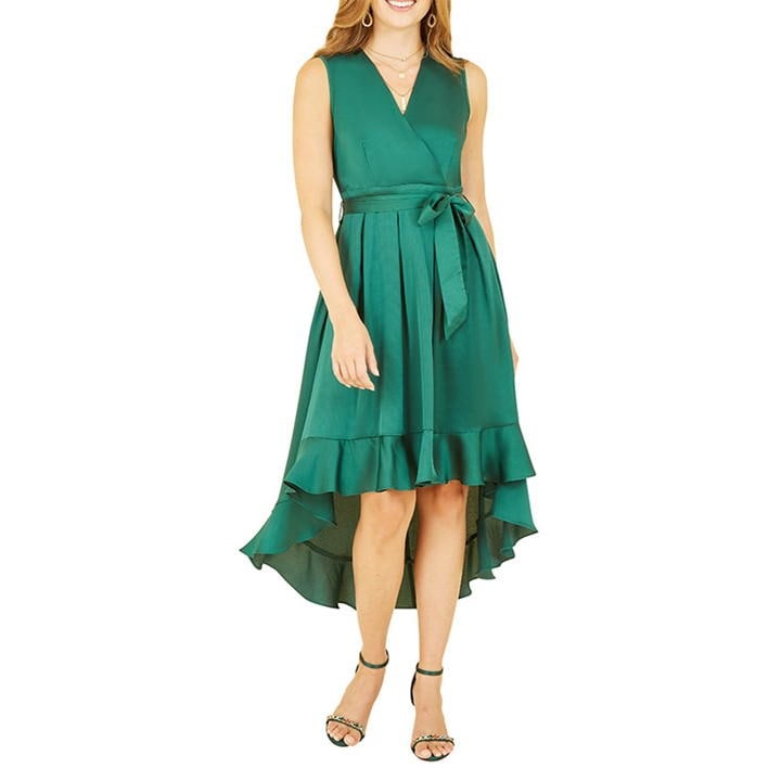 Mela London Green Satin Dipped Hem Midi Dress