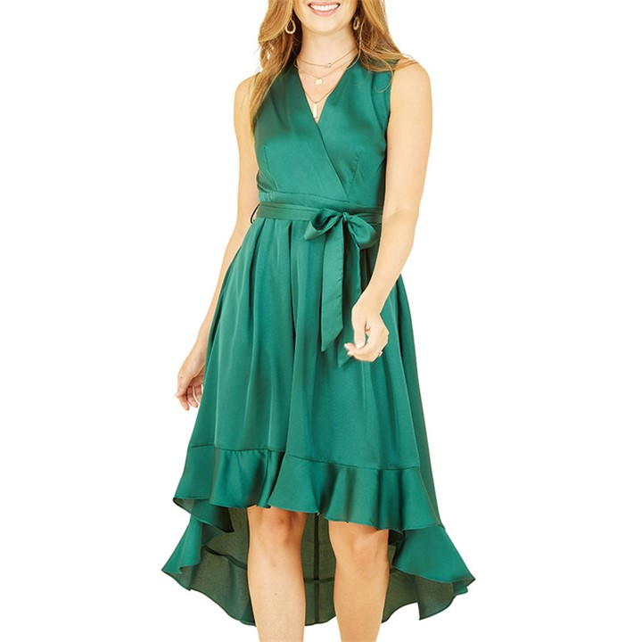 Mela London Green Satin Dipped Hem Midi Dress