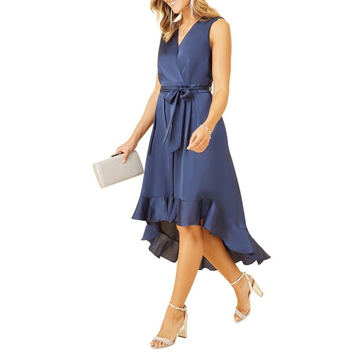 Mela London Green Satin Dipped Hem Midi Dress
