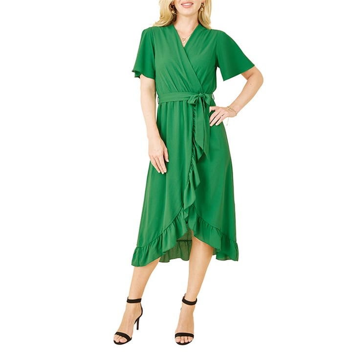 Mela London Greenwrap Over Frill Hem Dress