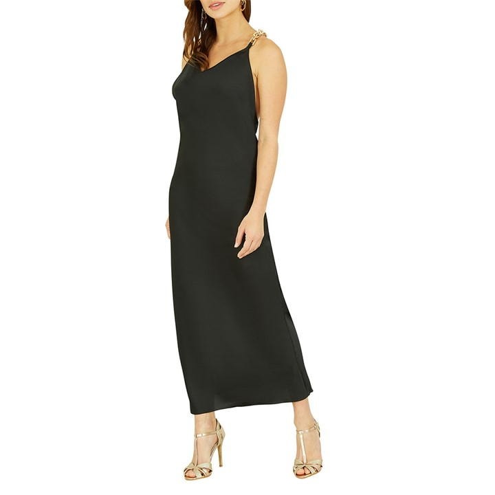 Mela London Black Satin Maxi Dress With Chain Straps