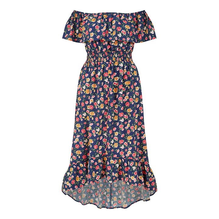 Mela London Navy Bardot Floral High Low Maxi Dress