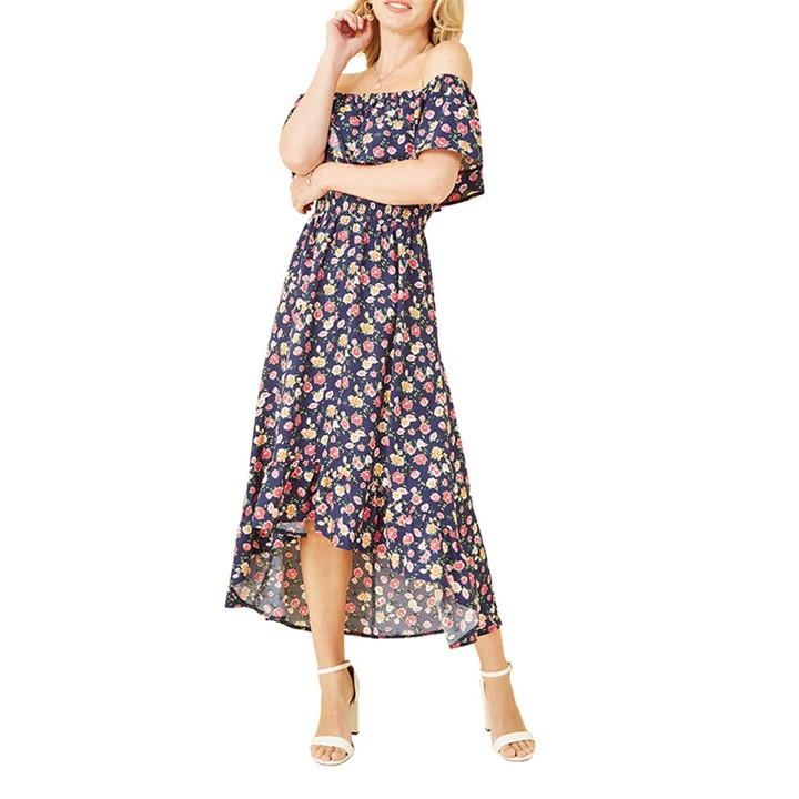 Mela London Navy Bardot Floral High Low Maxi Dress