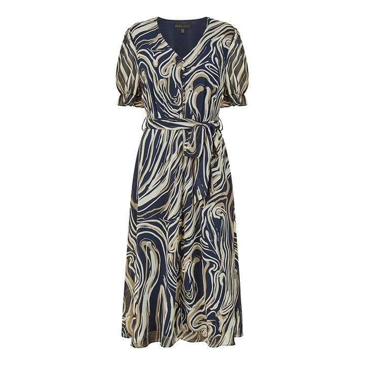 Mela London Navy Swirl Print Midi Tea Dress