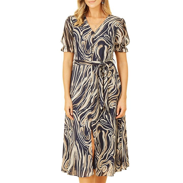 Mela London Navy Swirl Print Midi Tea Dress