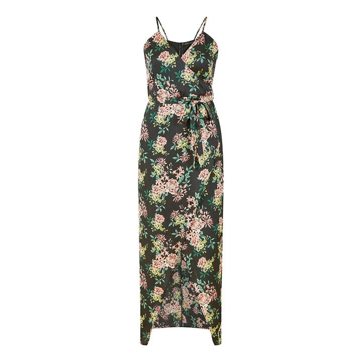 Mela London Black Satin Floral Wrap Maxi Dress