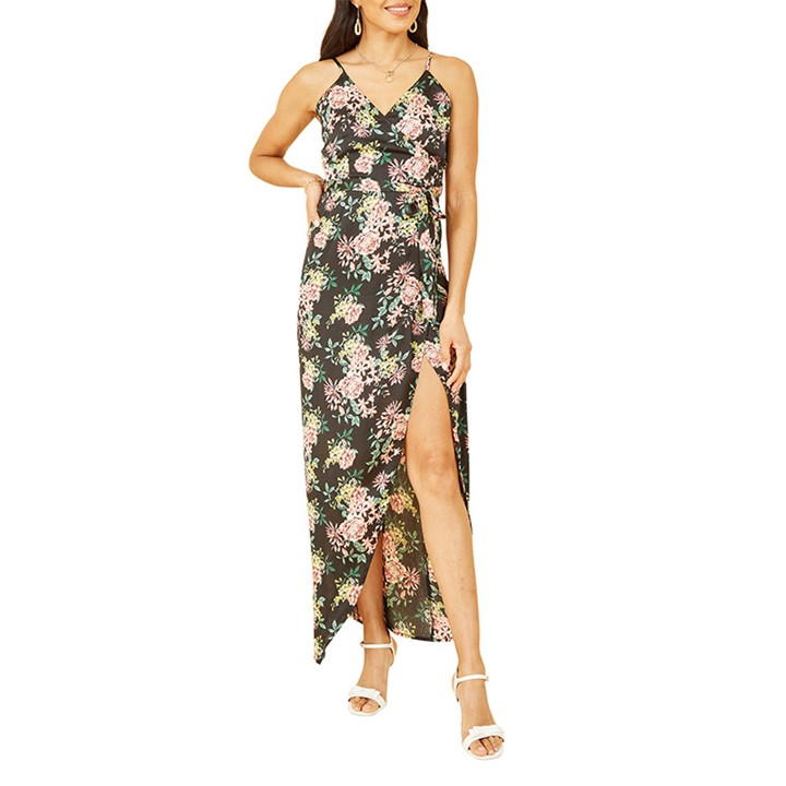 Mela London Black Satin Floral Wrap Maxi Dress