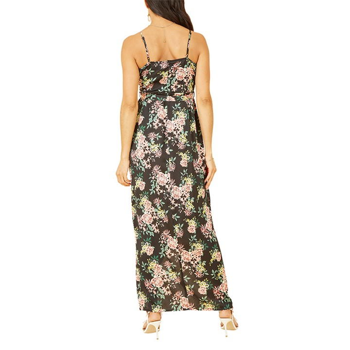 Mela London Black Satin Floral Wrap Maxi Dress