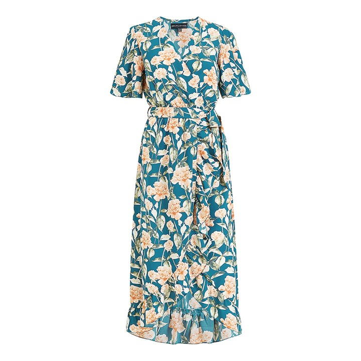 Mela London Teal Floral Print Wrap Midi Dress