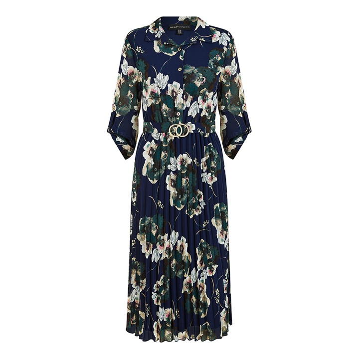 Mela London Navy Floral Print Gold Buckle Midi Dress