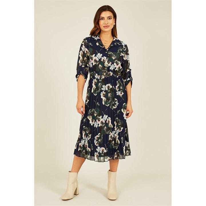 Mela London Navy Floral Print Gold Buckle Midi Dress
