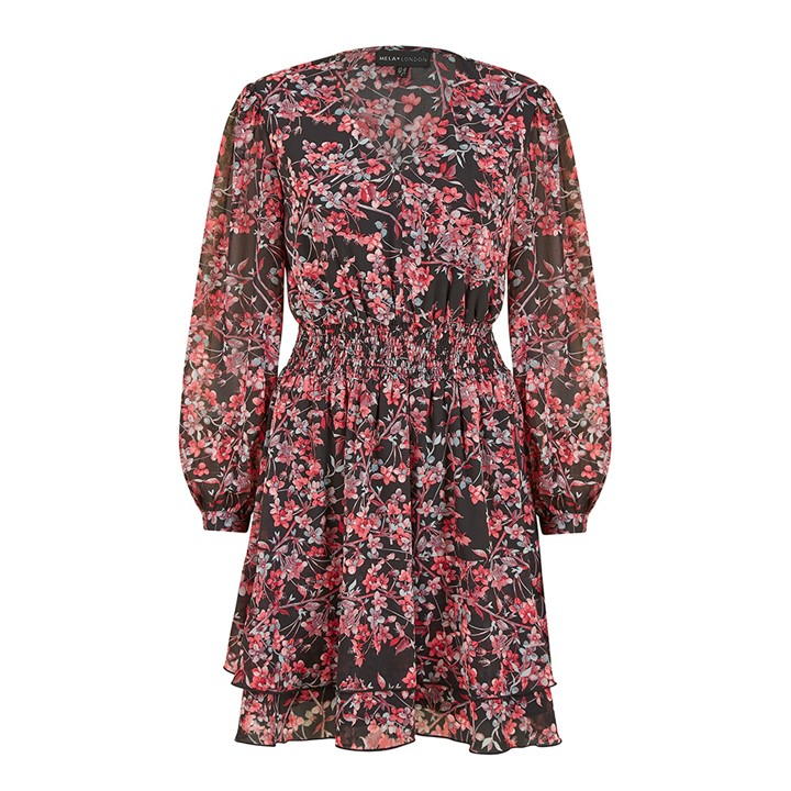 Mela London Black Blossom Ruched Waist Skater Dress