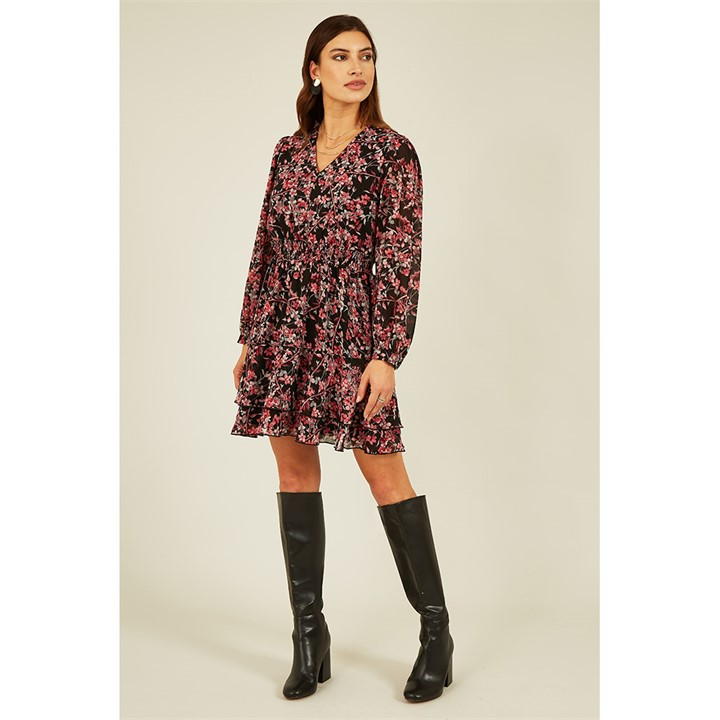 Mela London Black Blossom Ruched Waist Skater Dress