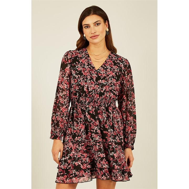Mela London Black Blossom Ruched Waist Skater Dress
