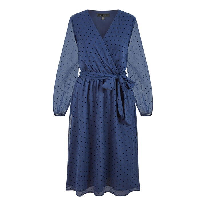 Mela London Navy Dobby Spot Wrap Over Midi Dress