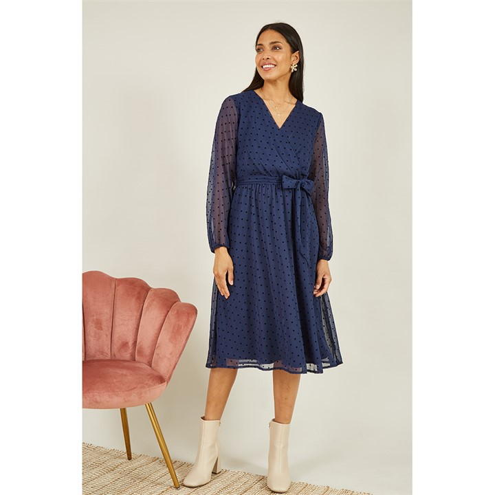 Mela London Navy Dobby Spot Wrap Over Midi Dress