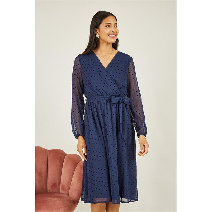 Mela London Navy Dobby Spot Wrap Over Midi Dress