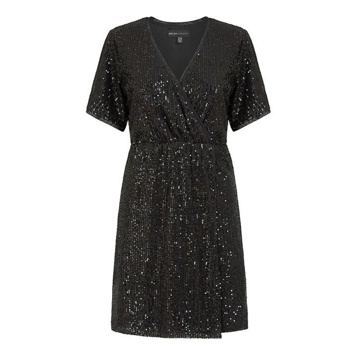Mela London Black Sequin Kimono Sleeve Wrap Dress