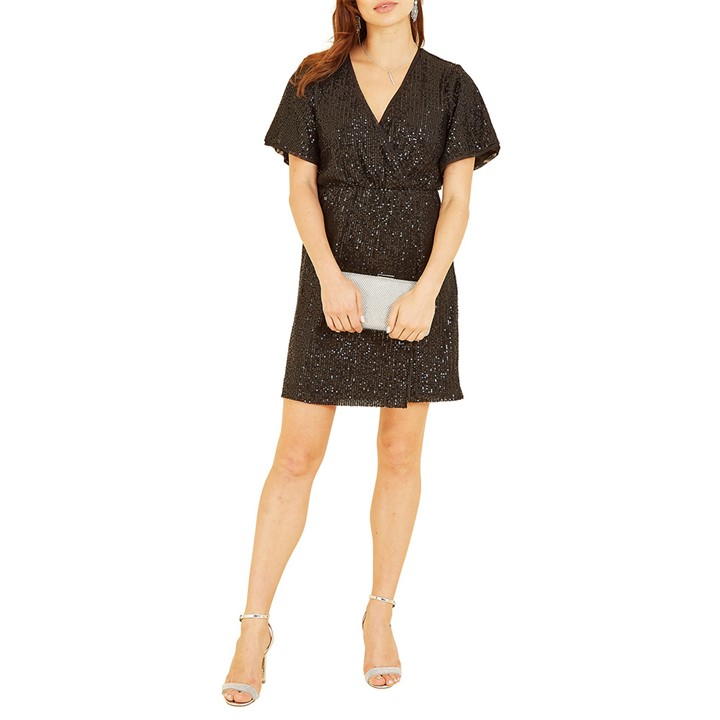 Mela London Black Sequin Kimono Sleeve Wrap Dress