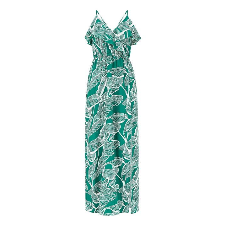 Mela London Green Tropical Print Maxi Frill Dress