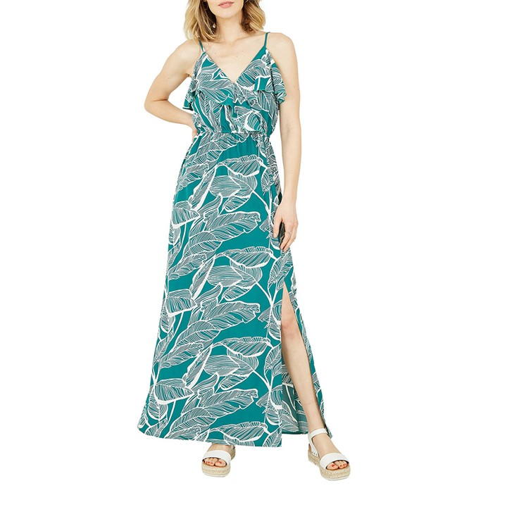 Mela London Green Tropical Print Maxi Frill Dress