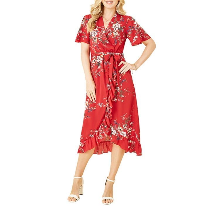 Mela London Blue Floral Dip Hem Wrap Midi Dress