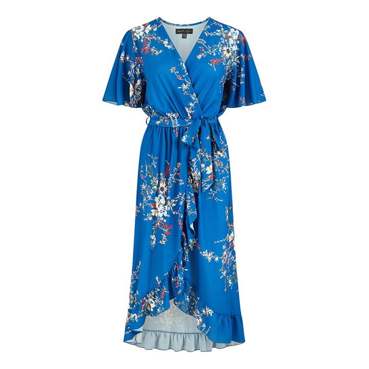 Mela London Blue Floral Dip Hem Wrap Midi Dress