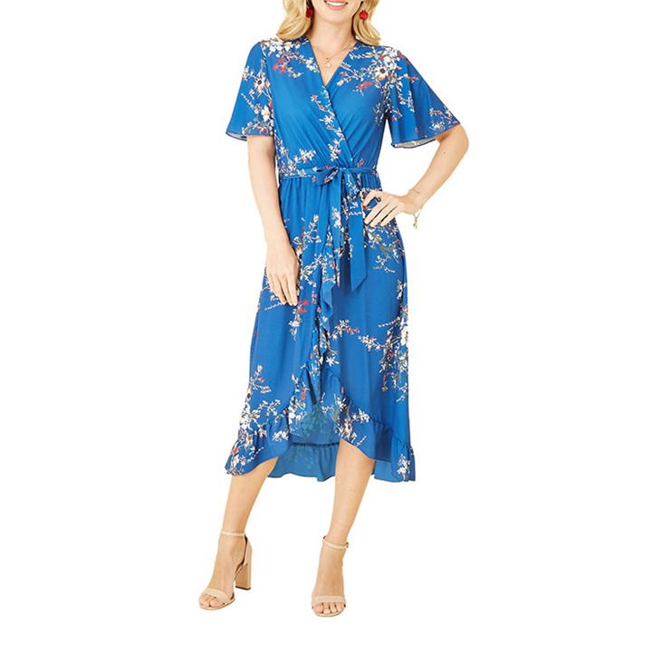 Mela London Blue Floral Dip Hem Wrap Midi Dress